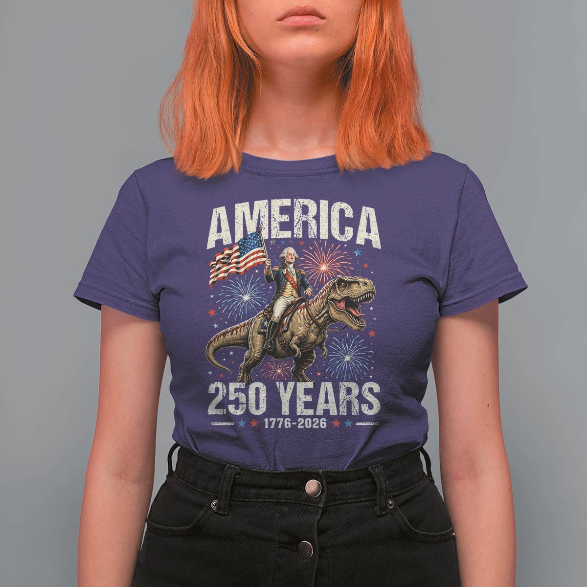 America 250 Years George Washington Riding Tyrannosaurus Rex T Shirt For Women