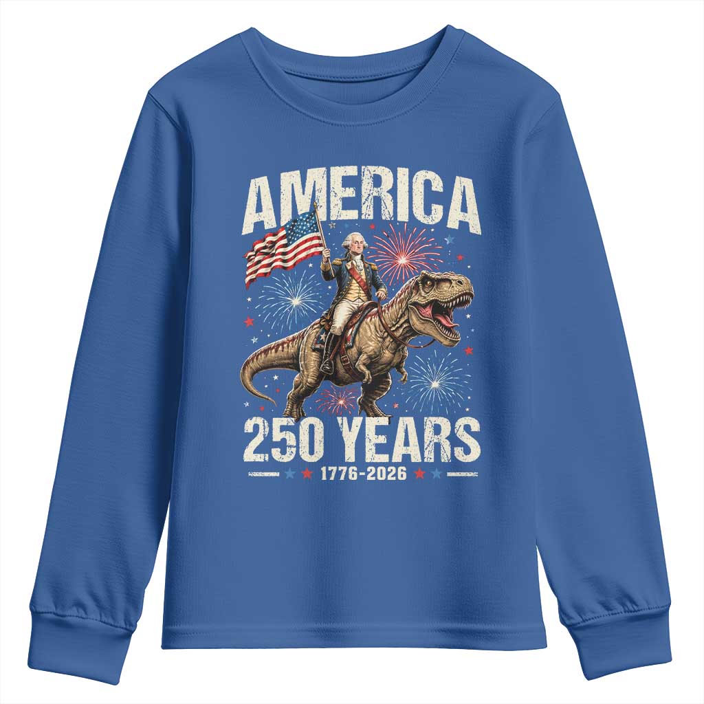America 250 Years George Washington Riding Tyrannosaurus Rex Youth Sweatshirt
