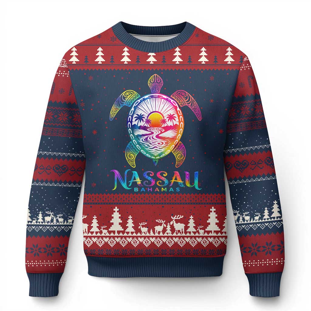 Nassau Bahamas Beach Vacation Ugly Christmas Sweater Tie Dye Sea Turtle