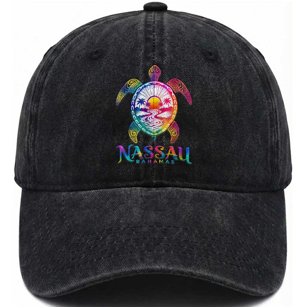 Nassau Bahamas Beach Vacation Washed Cotton Baseball Cap Tie Dye Sea Turtle