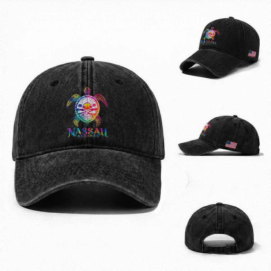 Nassau Bahamas Beach Vacation Washed Cotton Baseball Cap Tie Dye Sea Turtle
