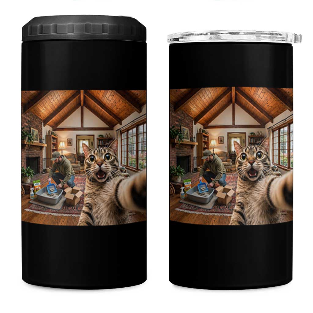 Cat Selfie with Man Funny Cat Dad 4 in 1 Can Cooler Tumbler