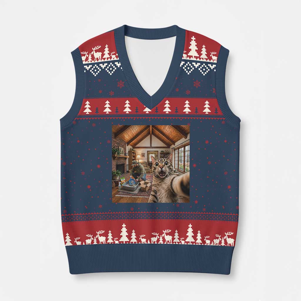 Cat Selfie with Man Funny Cat Dad V-Neck Knit Sweater Vest