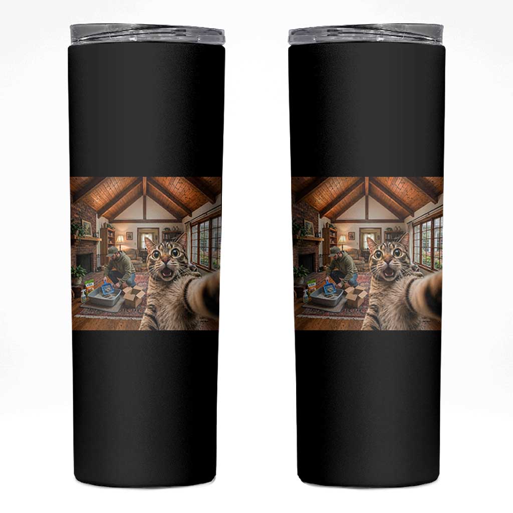 Cat Selfie with Man Funny Cat Dad Skinny Tumbler