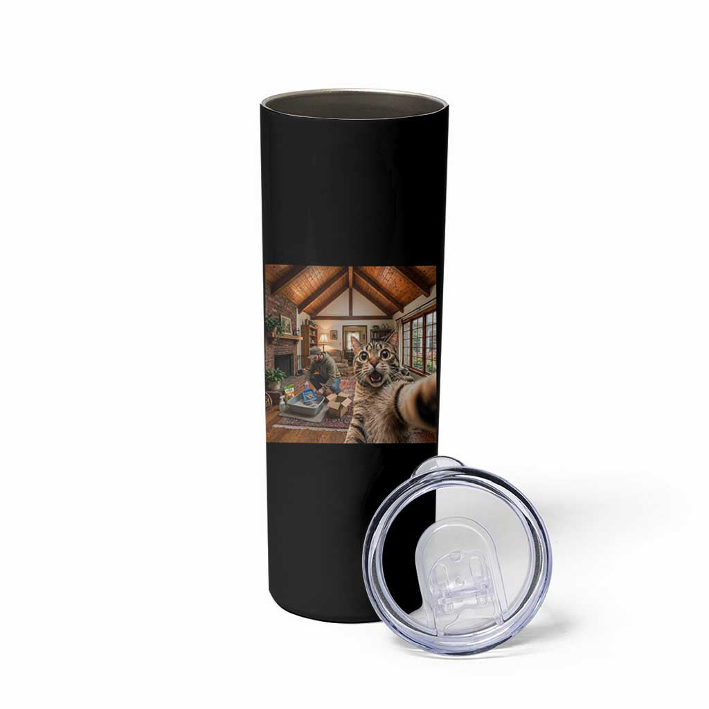 Cat Selfie with Man Funny Cat Dad Skinny Tumbler