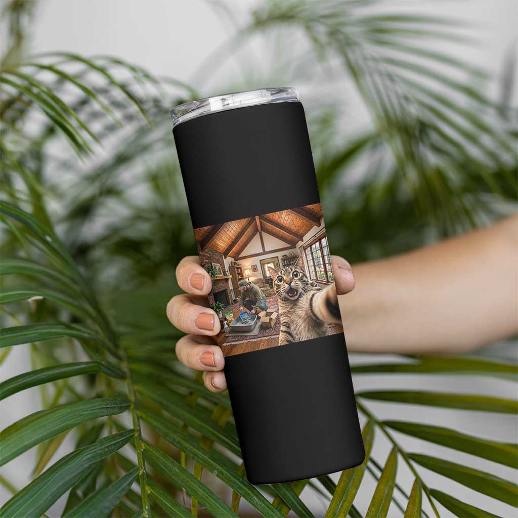 Cat Selfie with Man Funny Cat Dad Skinny Tumbler