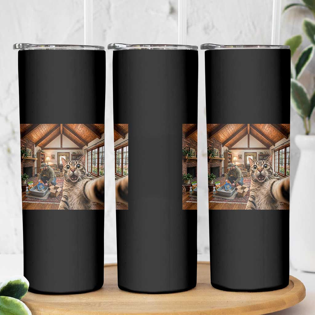 Cat Selfie with Man Funny Cat Dad Skinny Tumbler