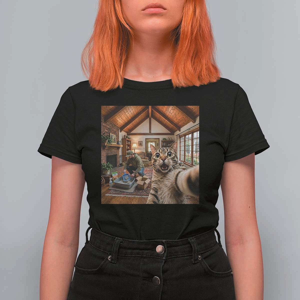 Cat Selfie with Man Funny Cat Dad T Shirt For Women