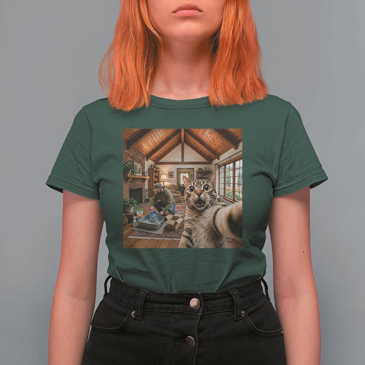Cat Selfie with Man Funny Cat Dad T Shirt For Women