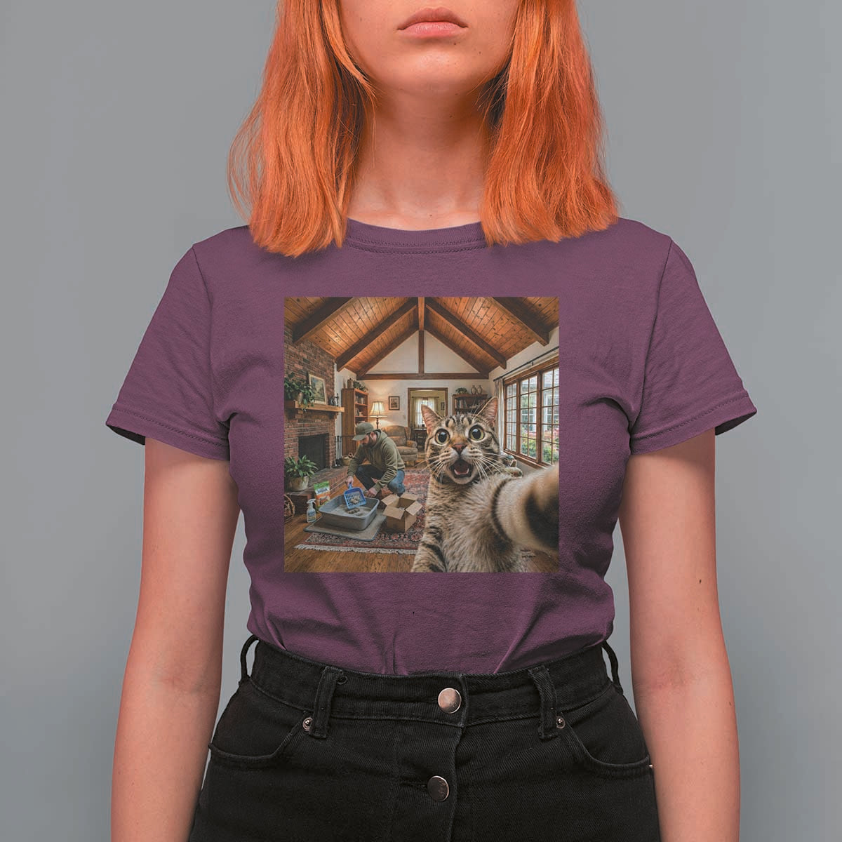 Cat Selfie with Man Funny Cat Dad T Shirt For Women