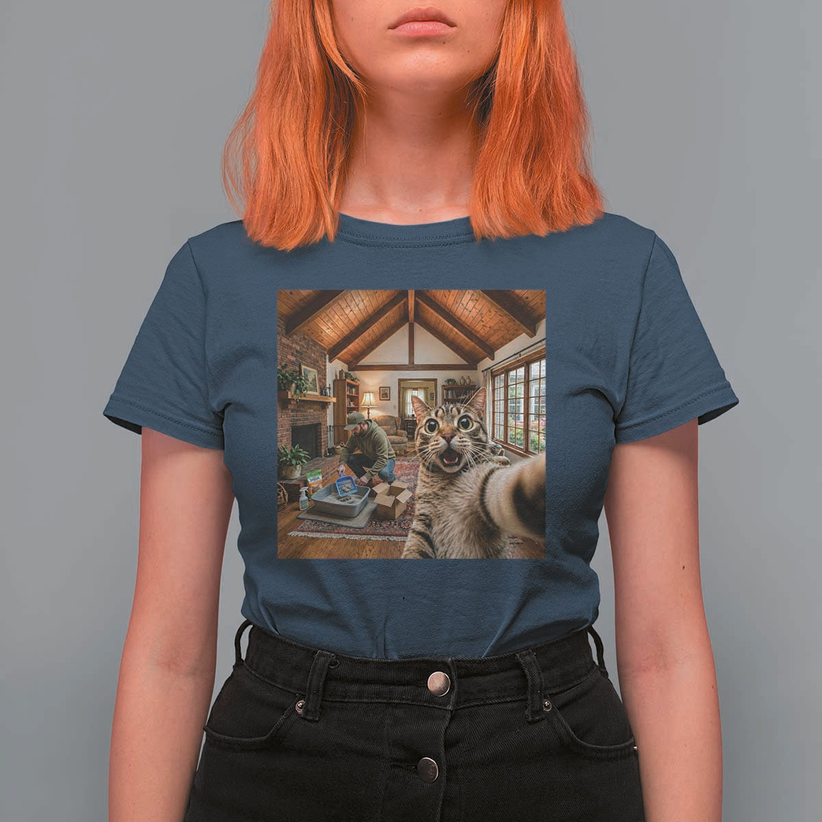 Cat Selfie with Man Funny Cat Dad T Shirt For Women