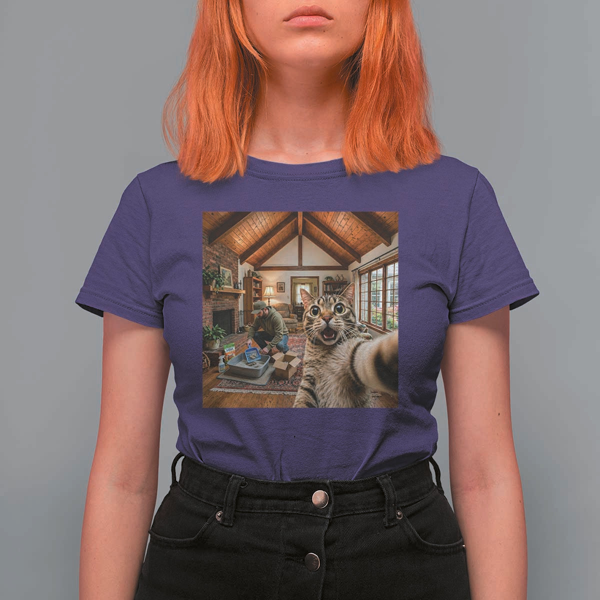 Cat Selfie with Man Funny Cat Dad T Shirt For Women