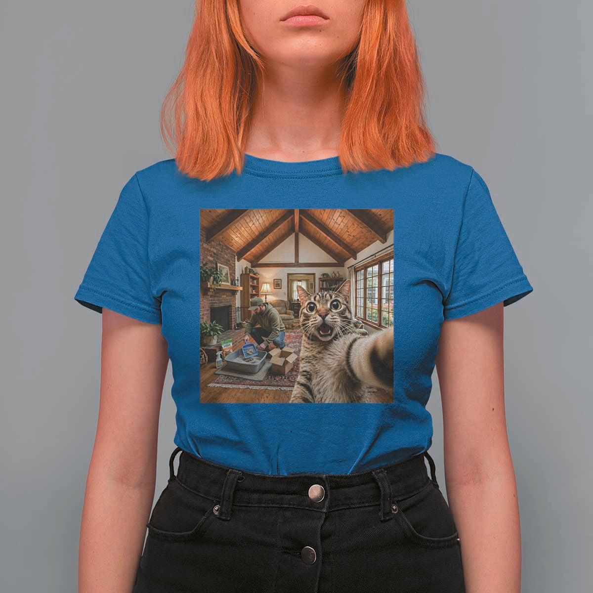 Cat Selfie with Man Funny Cat Dad T Shirt For Women