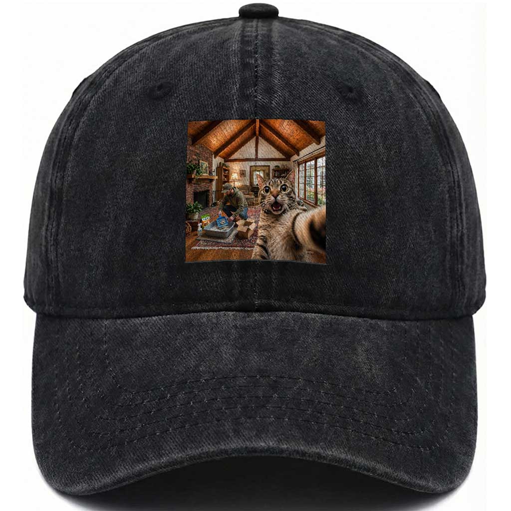 Cat Selfie with Man Funny Cat Dad Washed Cotton Baseball Cap
