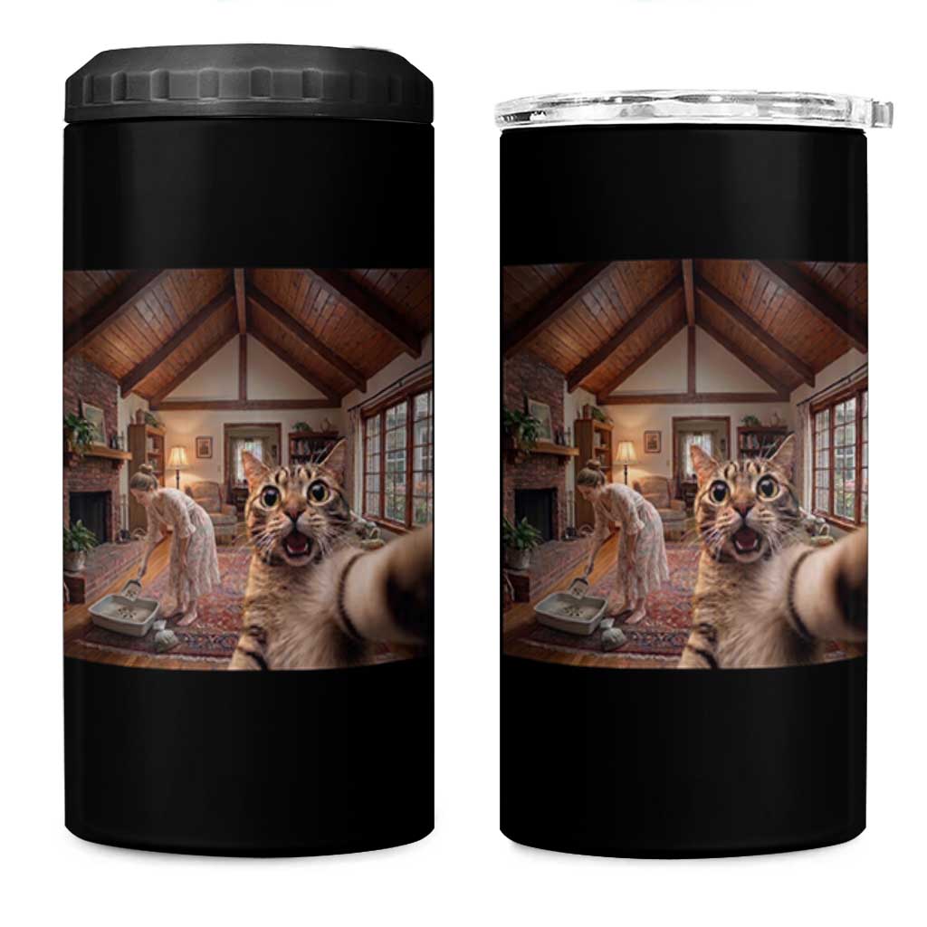 Cat Selfie with Woman Funny Cat Mom 4 in 1 Can Cooler Tumbler