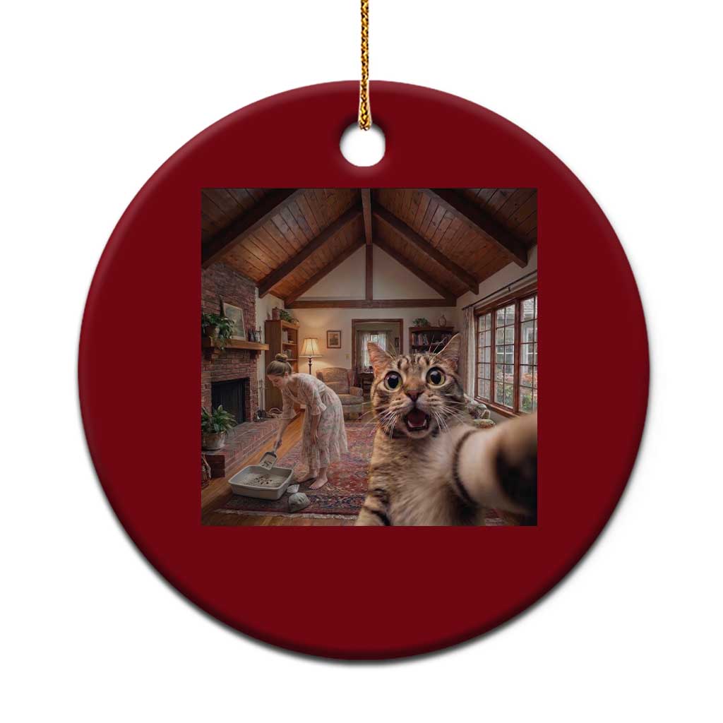 Cat Selfie with Woman Funny Cat Mom Ceramic Ornament