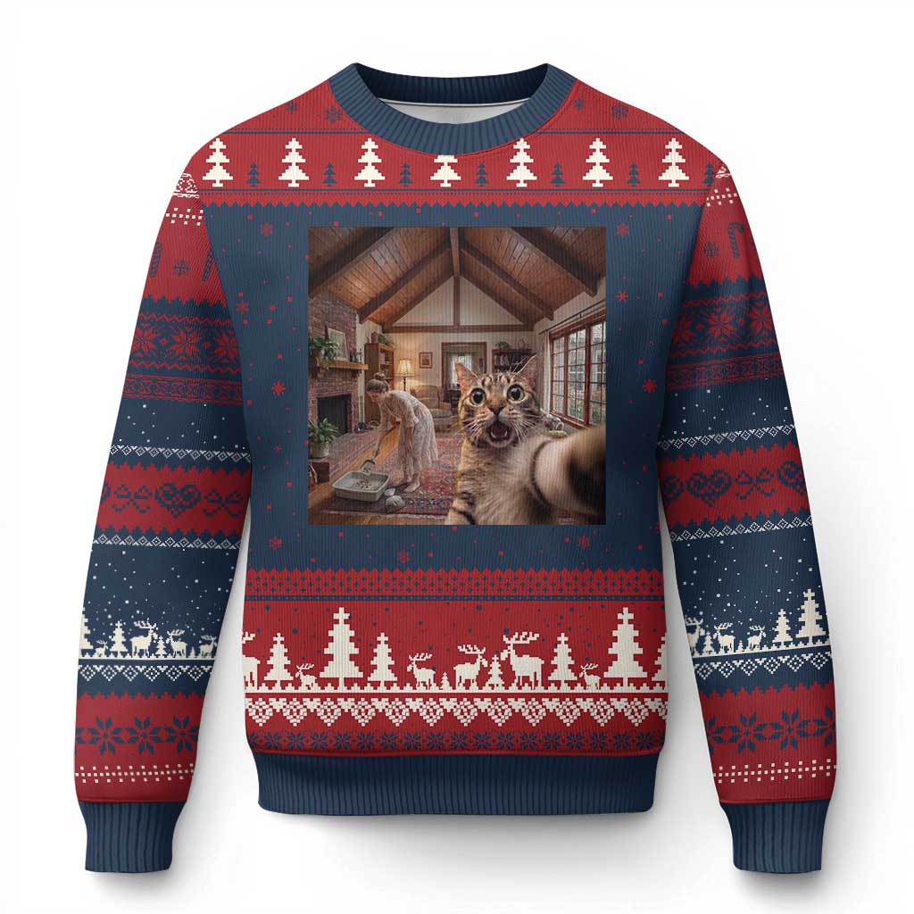 Cat Selfie with Woman Funny Cat Mom Ugly Christmas Sweater