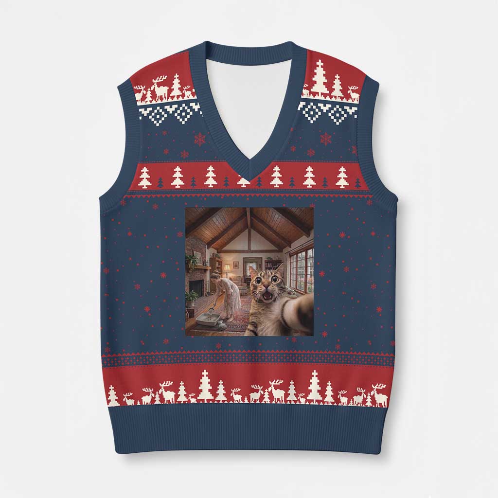 Cat Selfie with Woman Funny Cat Mom V-Neck Knit Sweater Vest