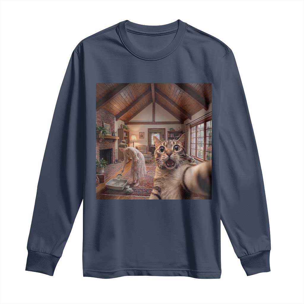Cat Selfie with Woman Funny Cat Mom Long Sleeve Shirt