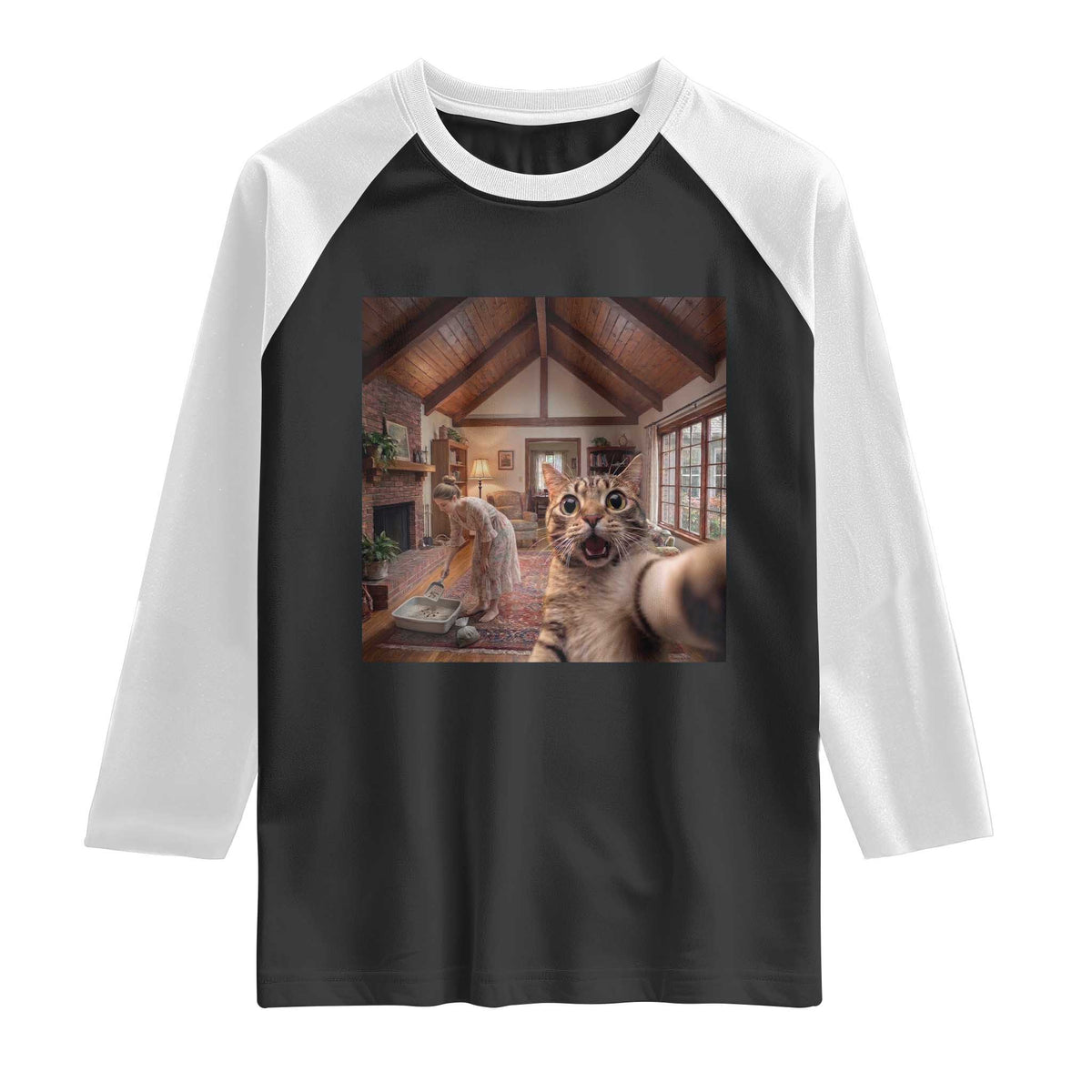 Cat Selfie with Woman Funny Cat Mom Raglan Shirt