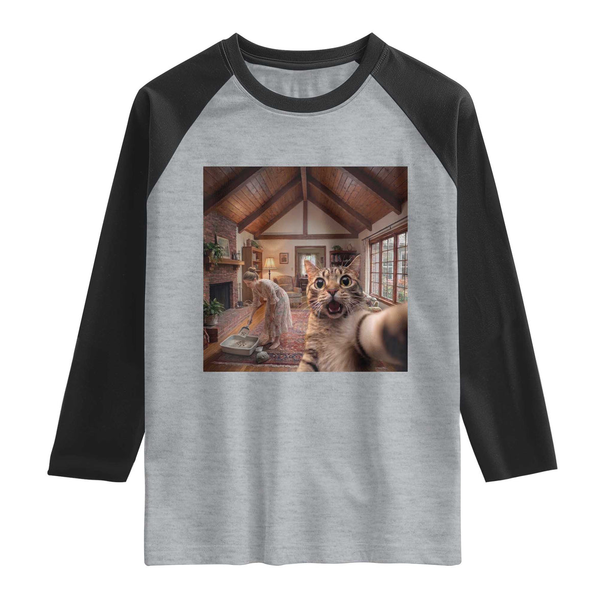Cat Selfie with Woman Funny Cat Mom Raglan Shirt