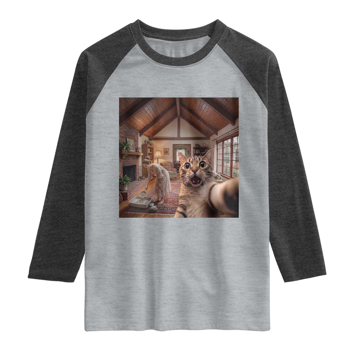 Cat Selfie with Woman Funny Cat Mom Raglan Shirt