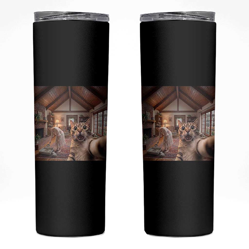 Cat Selfie with Woman Funny Cat Mom Skinny Tumbler