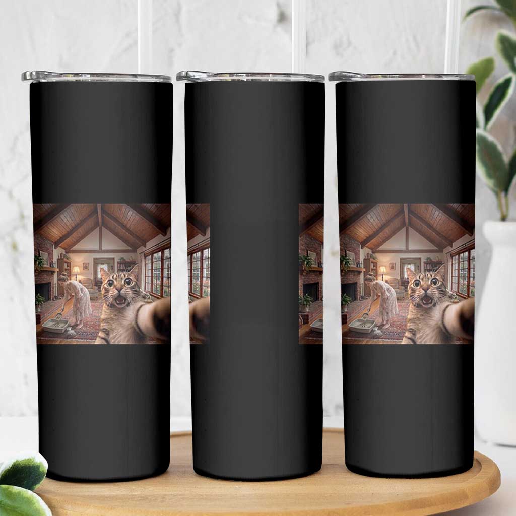 Cat Selfie with Woman Funny Cat Mom Skinny Tumbler