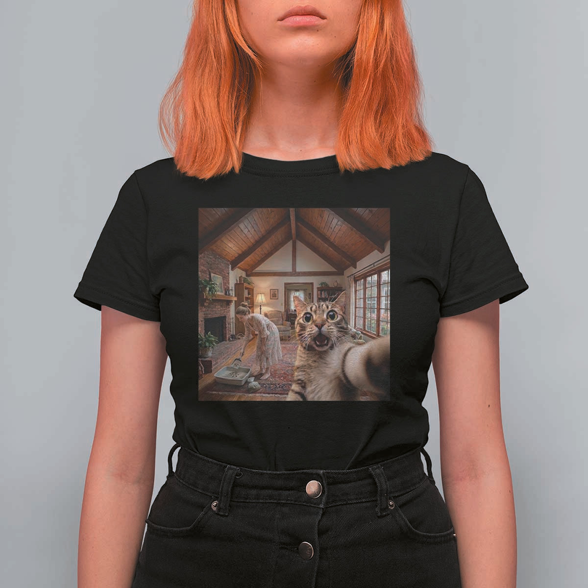 Cat Selfie with Woman Funny Cat Mom T Shirt For Women