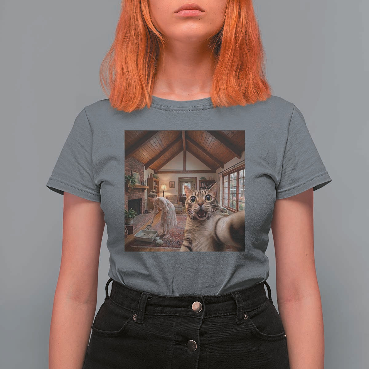 Cat Selfie with Woman Funny Cat Mom T Shirt For Women