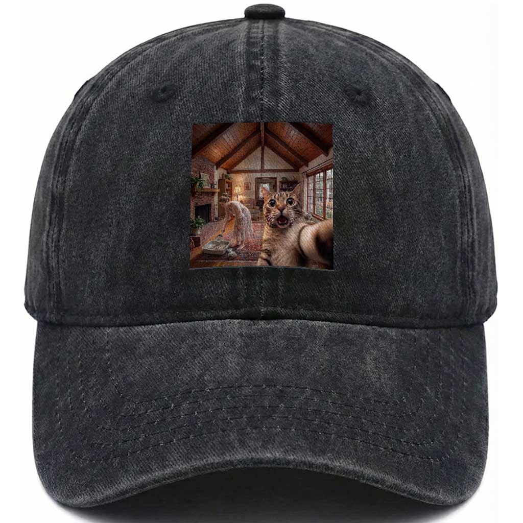 Cat Selfie with Woman Funny Cat Mom Washed Cotton Baseball Cap
