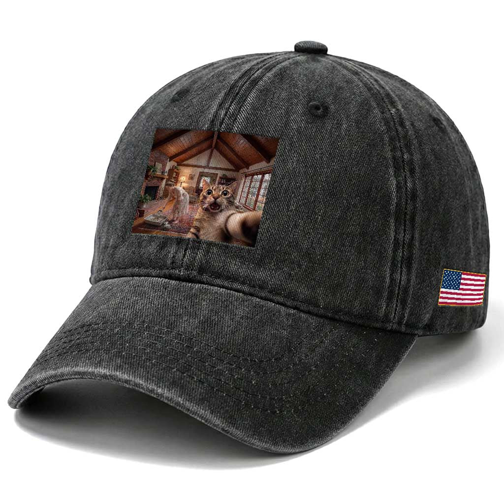 Cat Selfie with Woman Funny Cat Mom Washed Cotton Baseball Cap