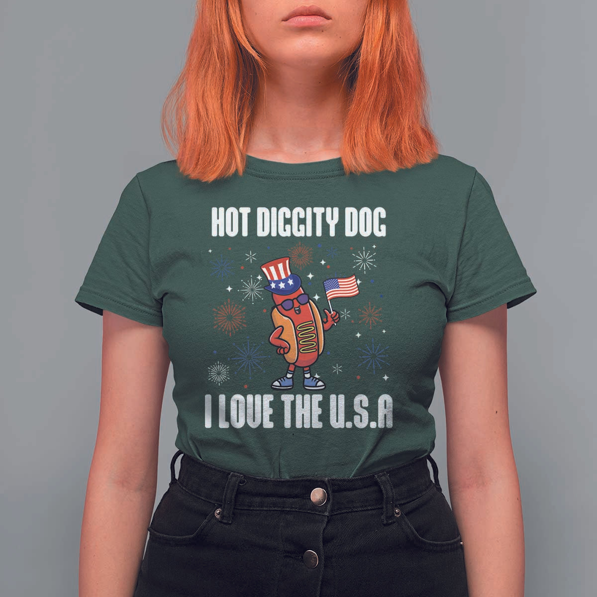 Funny Fourth Of July T Shirt For Women Hot Diggity Dog I Love USA - Wonder Print Shop