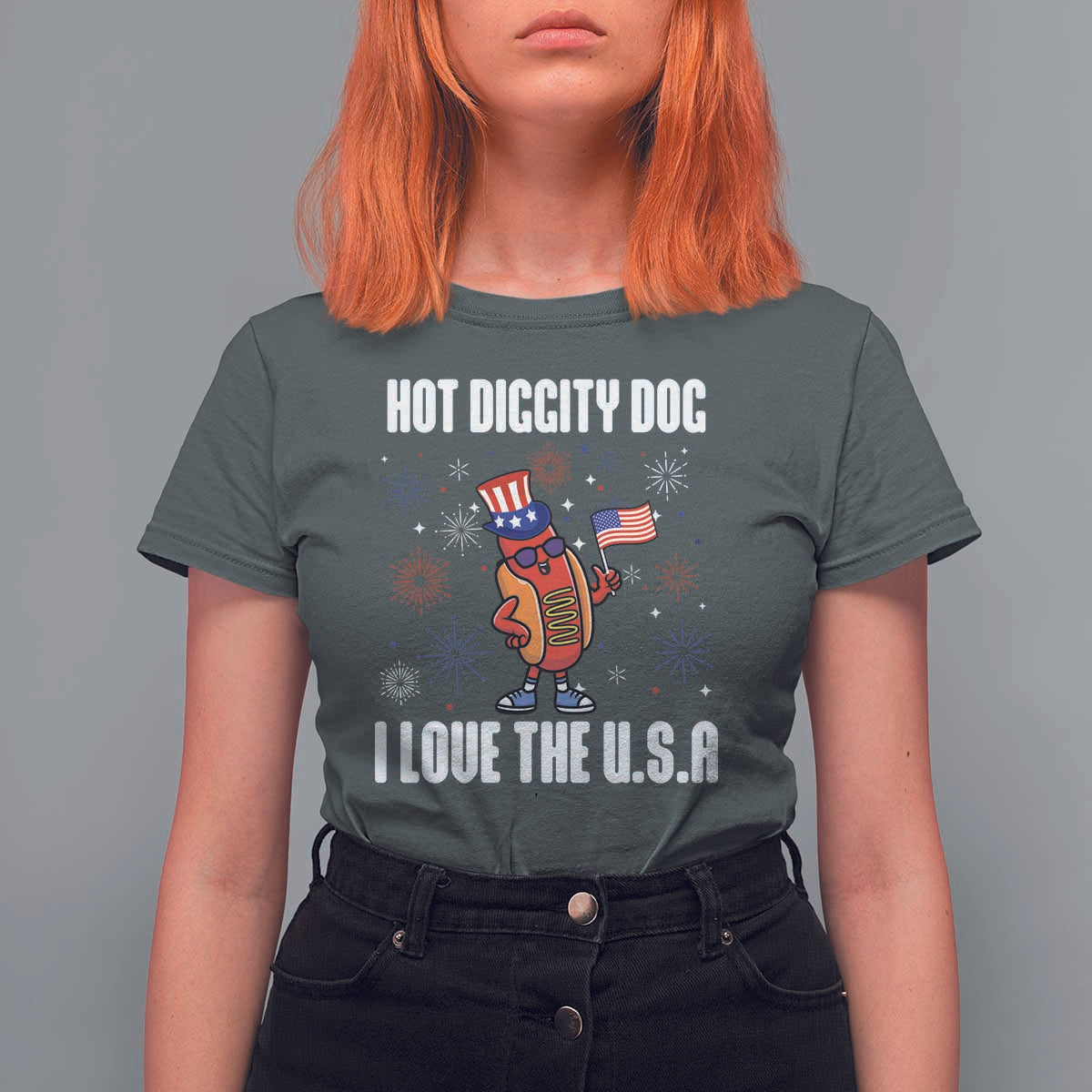Funny Fourth Of July T Shirt For Women Hot Diggity Dog I Love USA - Wonder Print Shop