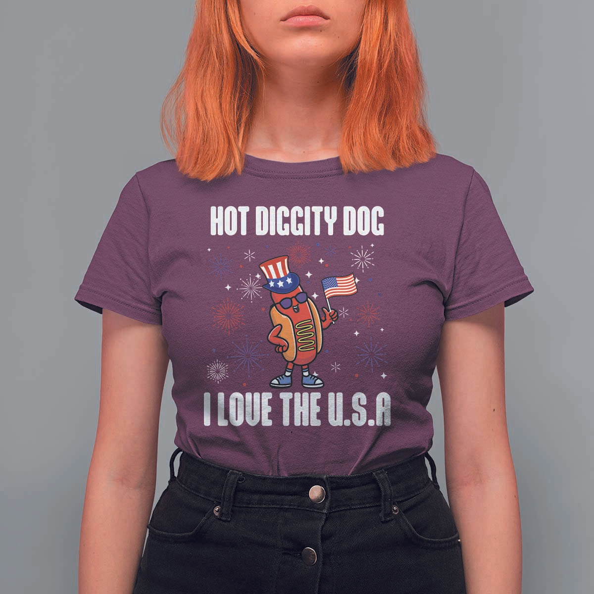 Funny Fourth Of July T Shirt For Women Hot Diggity Dog I Love USA - Wonder Print Shop