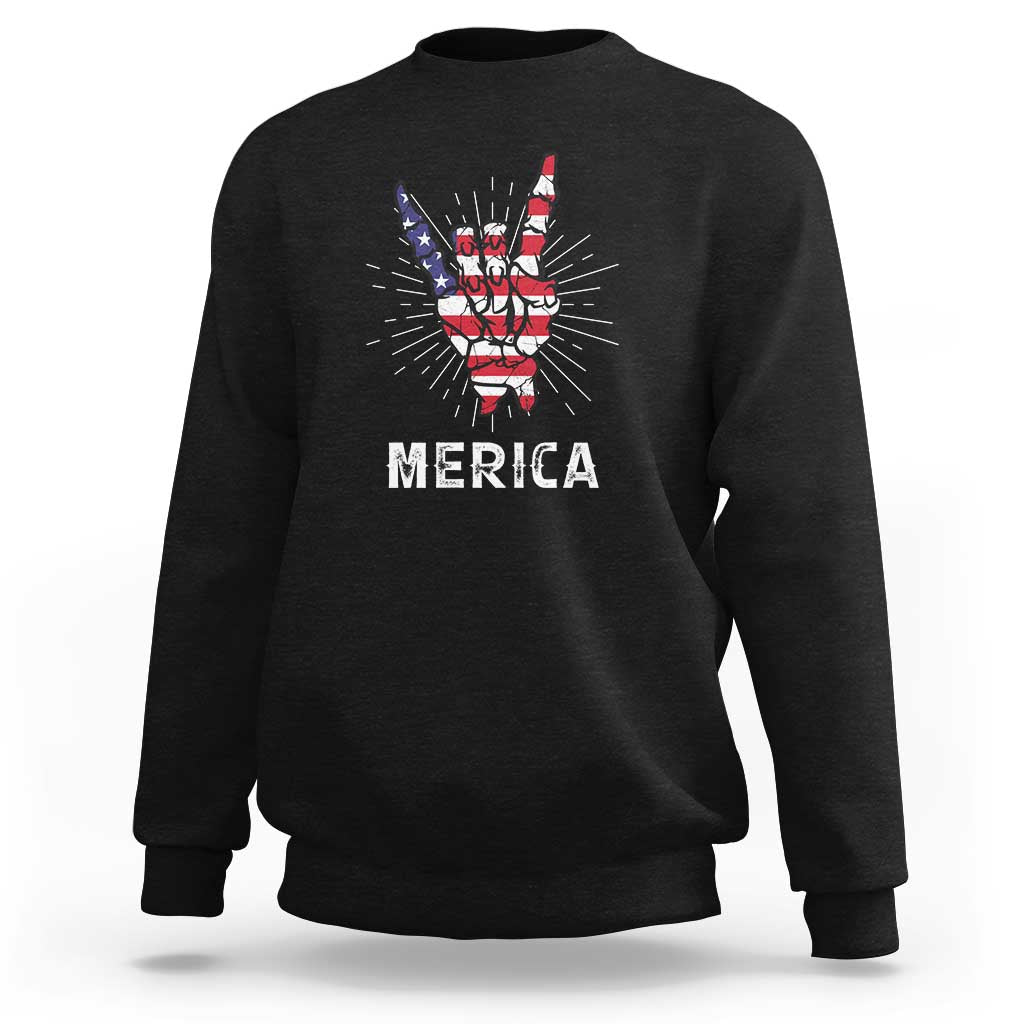 Rockin 4th Of July Sweatshirt Skeleton Hand American Flag Patriotic Day - Wonder Print Shop