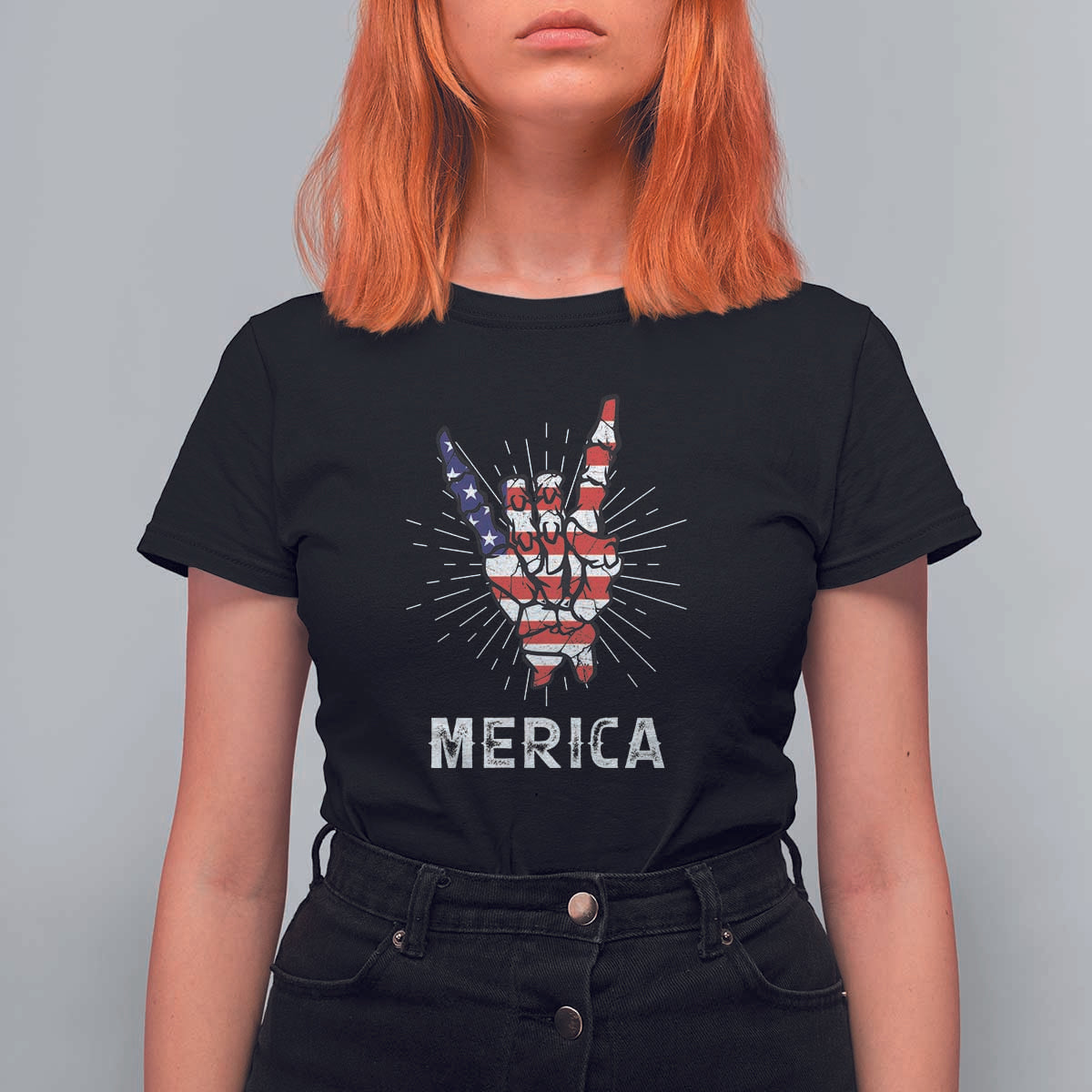 Rockin 4th Of July T Shirt For Women Skeleton Hand American Flag Patriotic Day - Wonder Print Shop