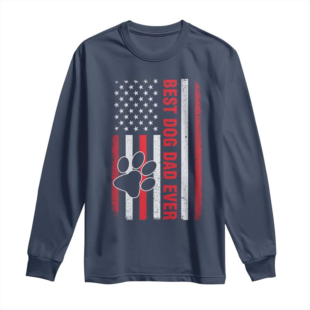 Funny Best Dog Dad Ever Long Sleeve Shirt Fathers Day Vintage American Flag Paw Prints