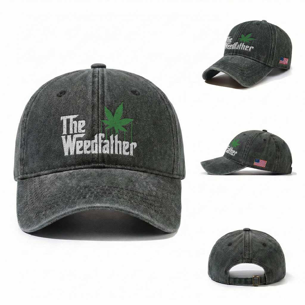 Funny The Weedfather Washed Cotton Baseball Cap Marijuana Stoner Dad Fathers Day