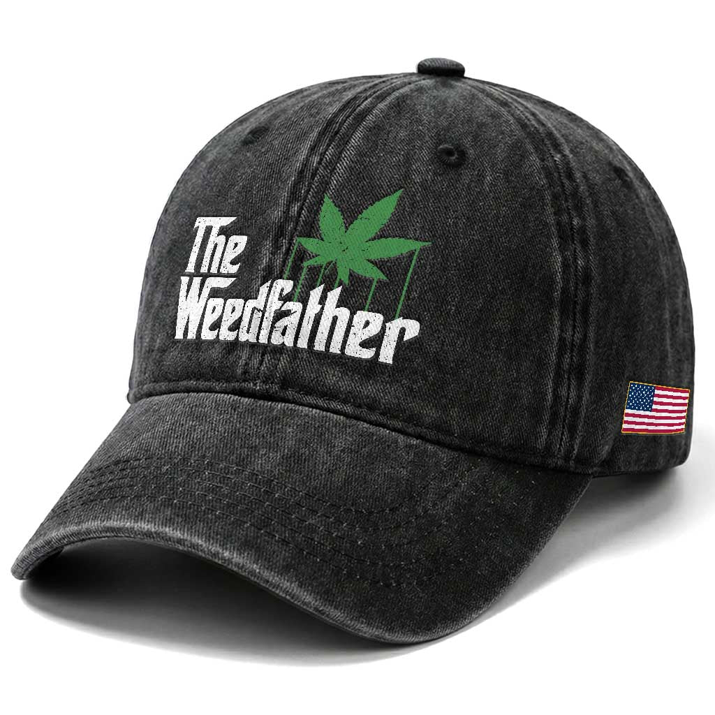 Funny The Weedfather Washed Cotton Baseball Cap Marijuana Stoner Dad Fathers Day