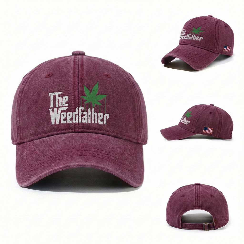 Funny The Weedfather Washed Cotton Baseball Cap Marijuana Stoner Dad Fathers Day