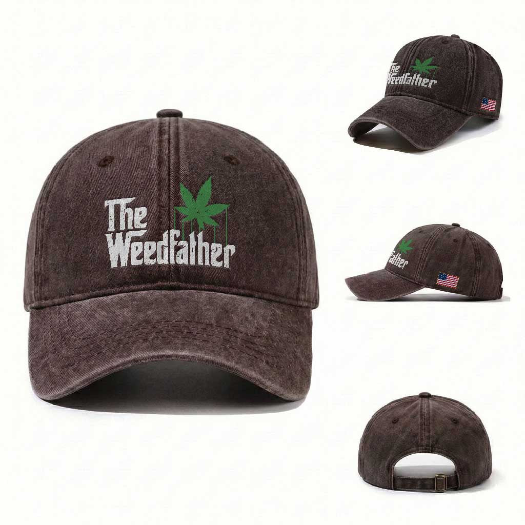 Funny The Weedfather Washed Cotton Baseball Cap Marijuana Stoner Dad Fathers Day
