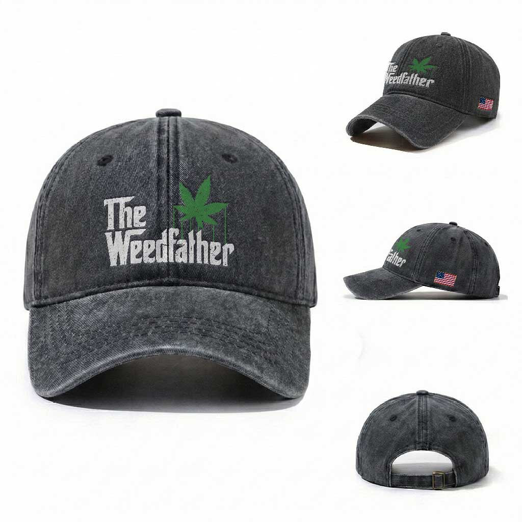 Funny The Weedfather Washed Cotton Baseball Cap Marijuana Stoner Dad Fathers Day