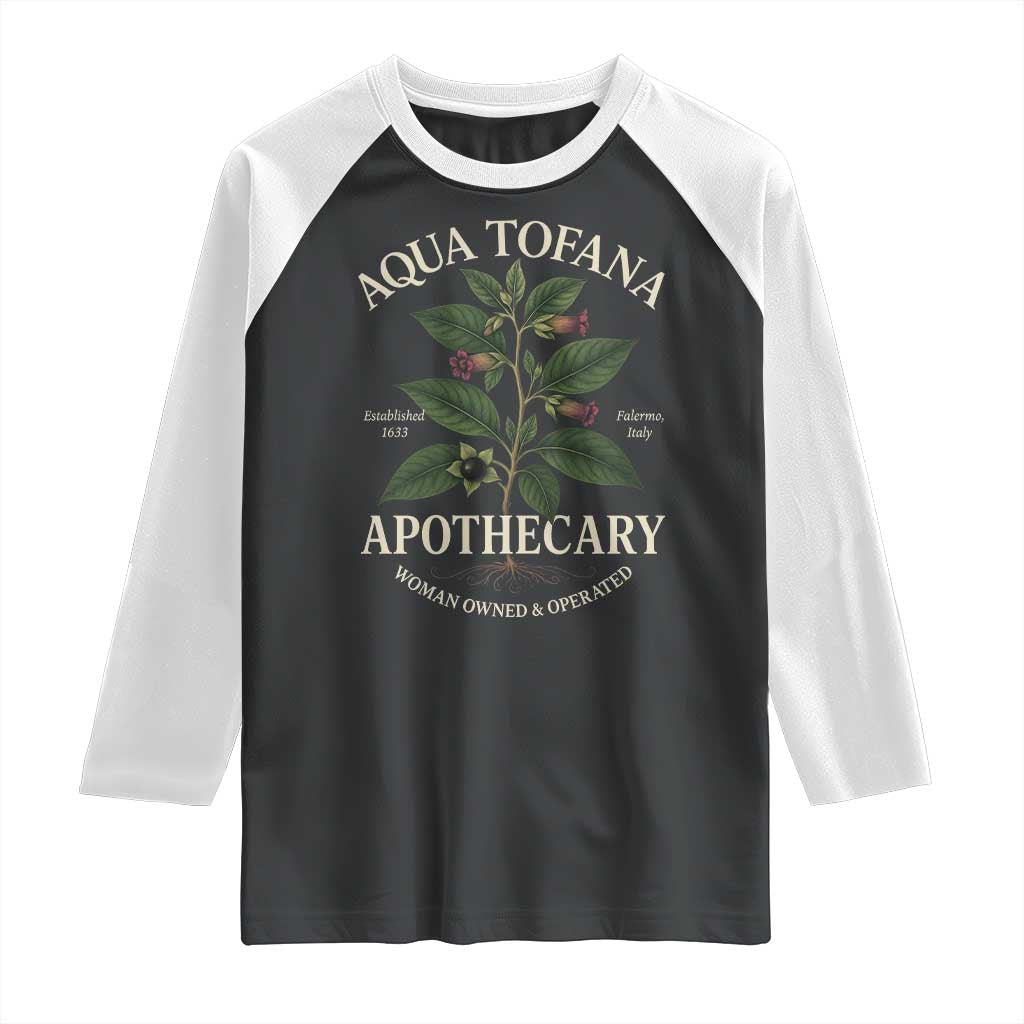 Aqua Tofana Apothecary Raglan Shirt Feminist Woman Owned And Operated - Wonder Print Shop
