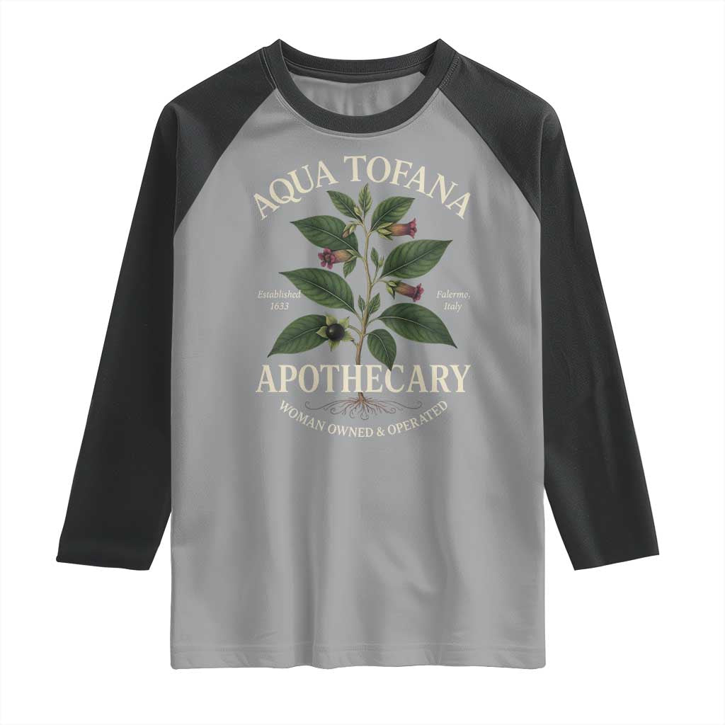 Aqua Tofana Apothecary Raglan Shirt Feminist Woman Owned And Operated - Wonder Print Shop