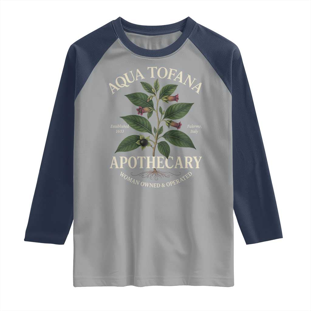 Aqua Tofana Apothecary Raglan Shirt Feminist Woman Owned And Operated - Wonder Print Shop