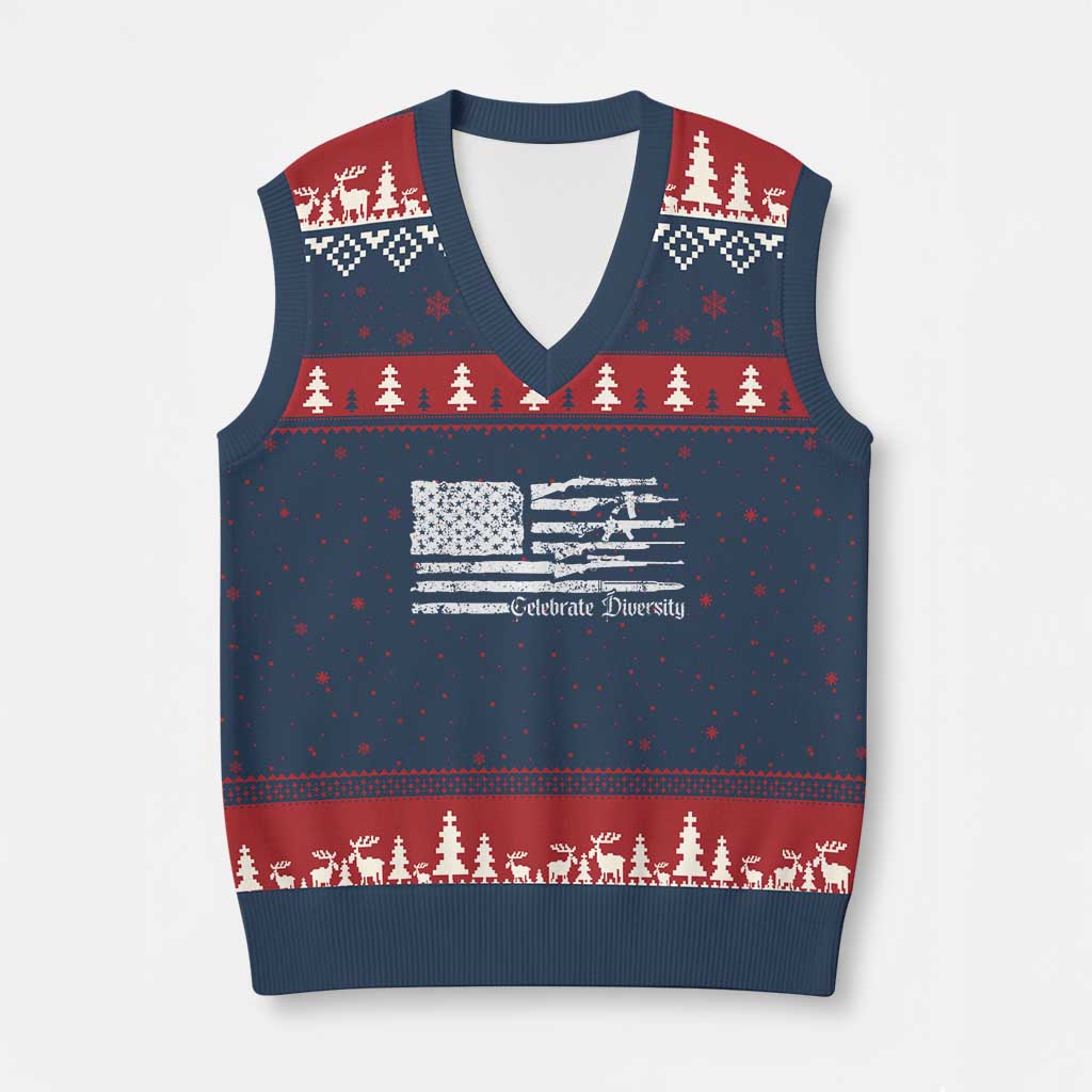 Funny Pro Gun Celebrate Diversity V-Neck Knit Sweater Vest 2nd Amendment Vintage American Flag - Wonder Print Shop