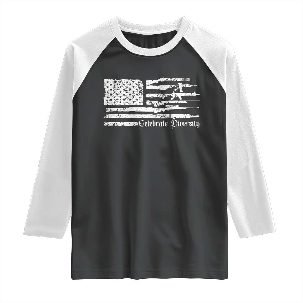 Funny Pro Gun Celebrate Diversity Raglan Shirt 2nd Amendment Vintage American Flag - Wonder Print Shop