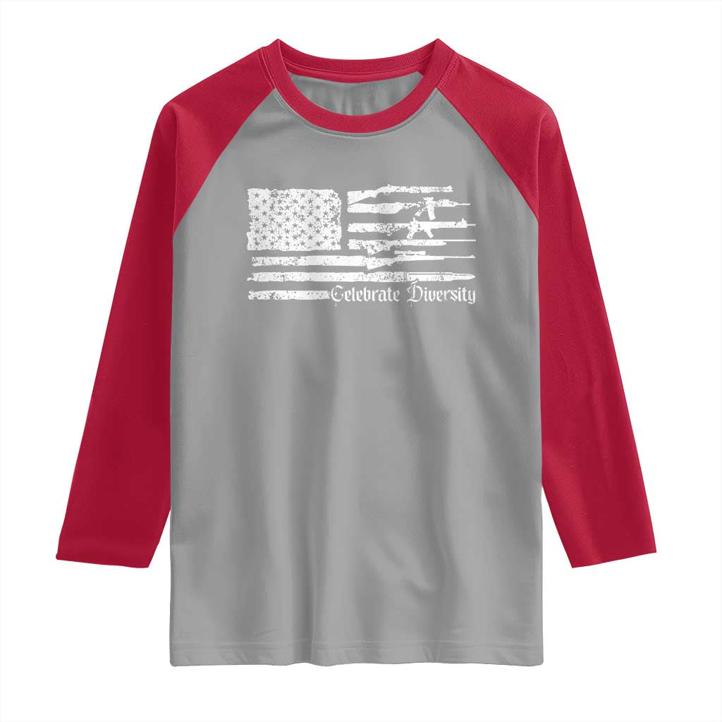 Funny Pro Gun Celebrate Diversity Raglan Shirt 2nd Amendment Vintage American Flag - Wonder Print Shop