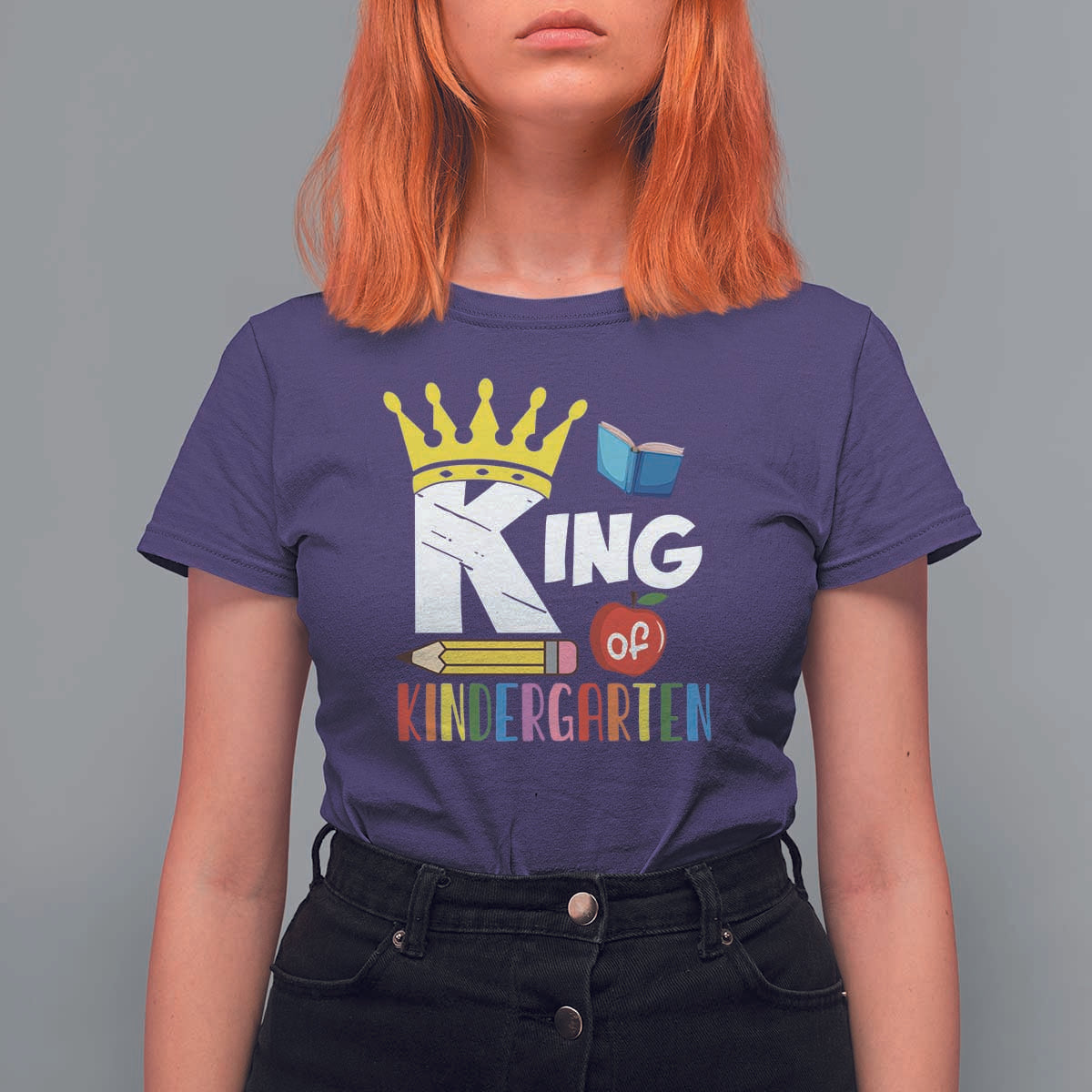 King Of Kindergarten T Shirt For Women Back To School Crown Apple Pen Book - Wonder Print Shop